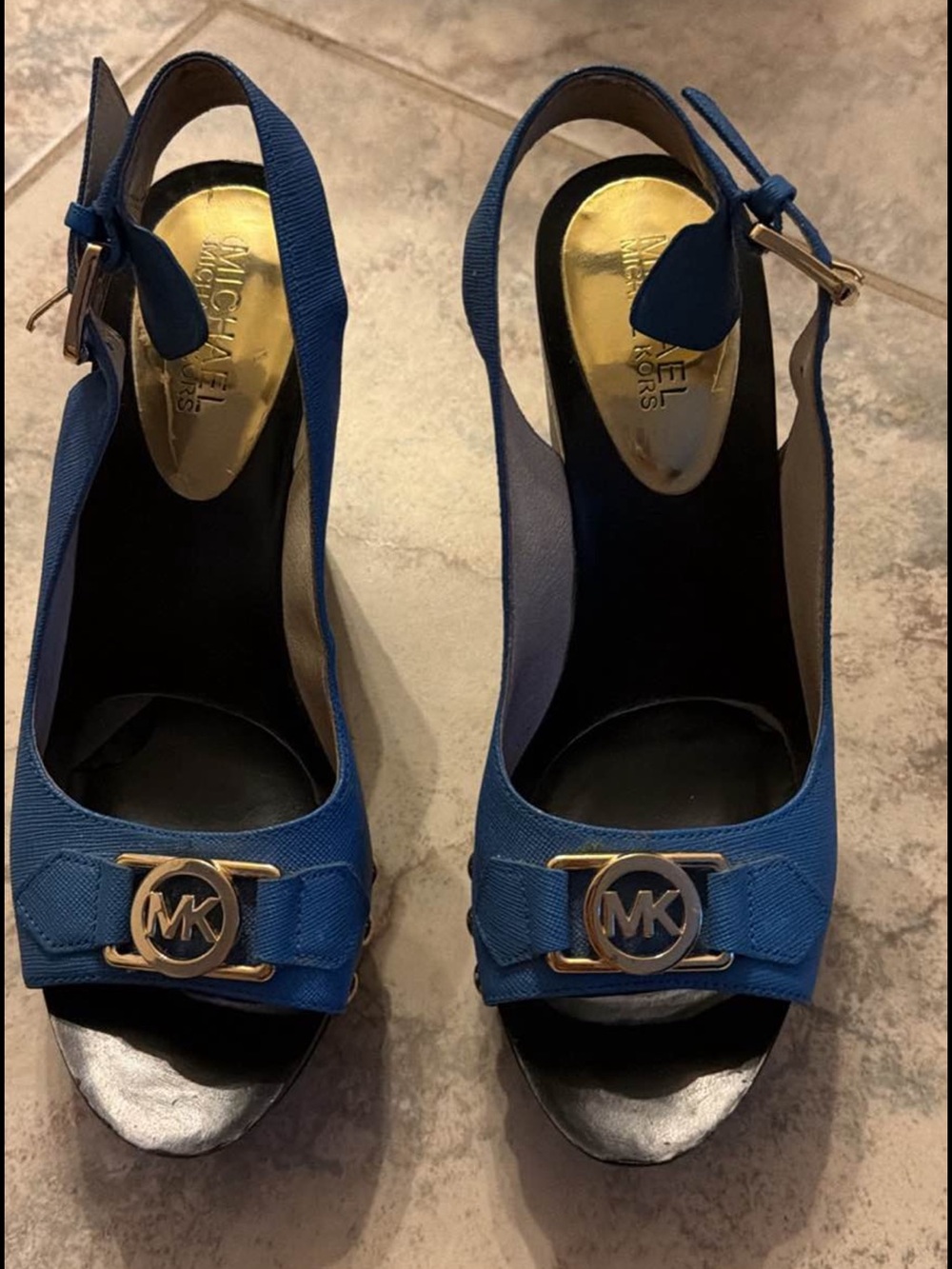 Michael Kors Blue Logo Slingback Wedges with Gold Hardware